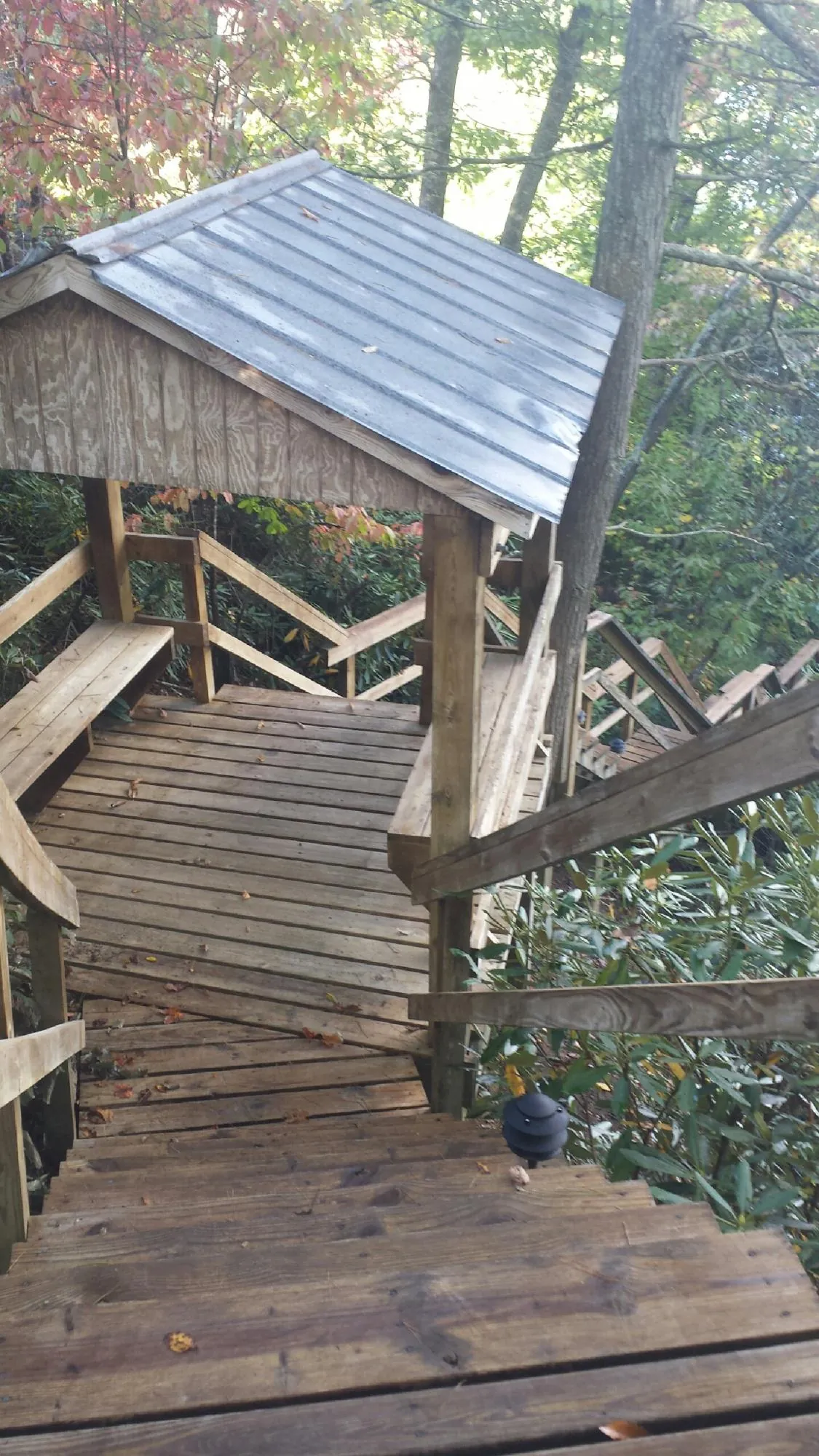 Metal roofed shelter over wooden steps on a wooded walkway — Skylight Repair & Installation work by our crew in Chino Hills